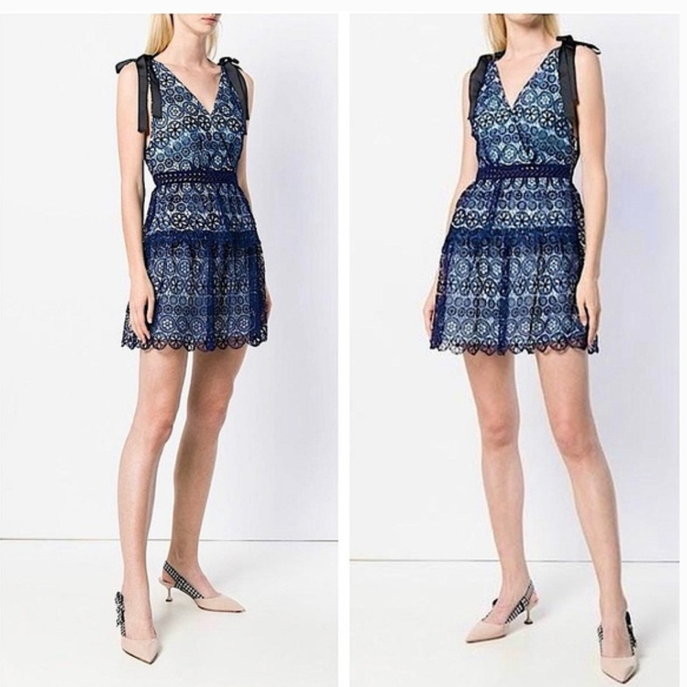 Self Portrait Dress Guipure Floral Mini Tiered Shoulder Bow Navy Party Preppy